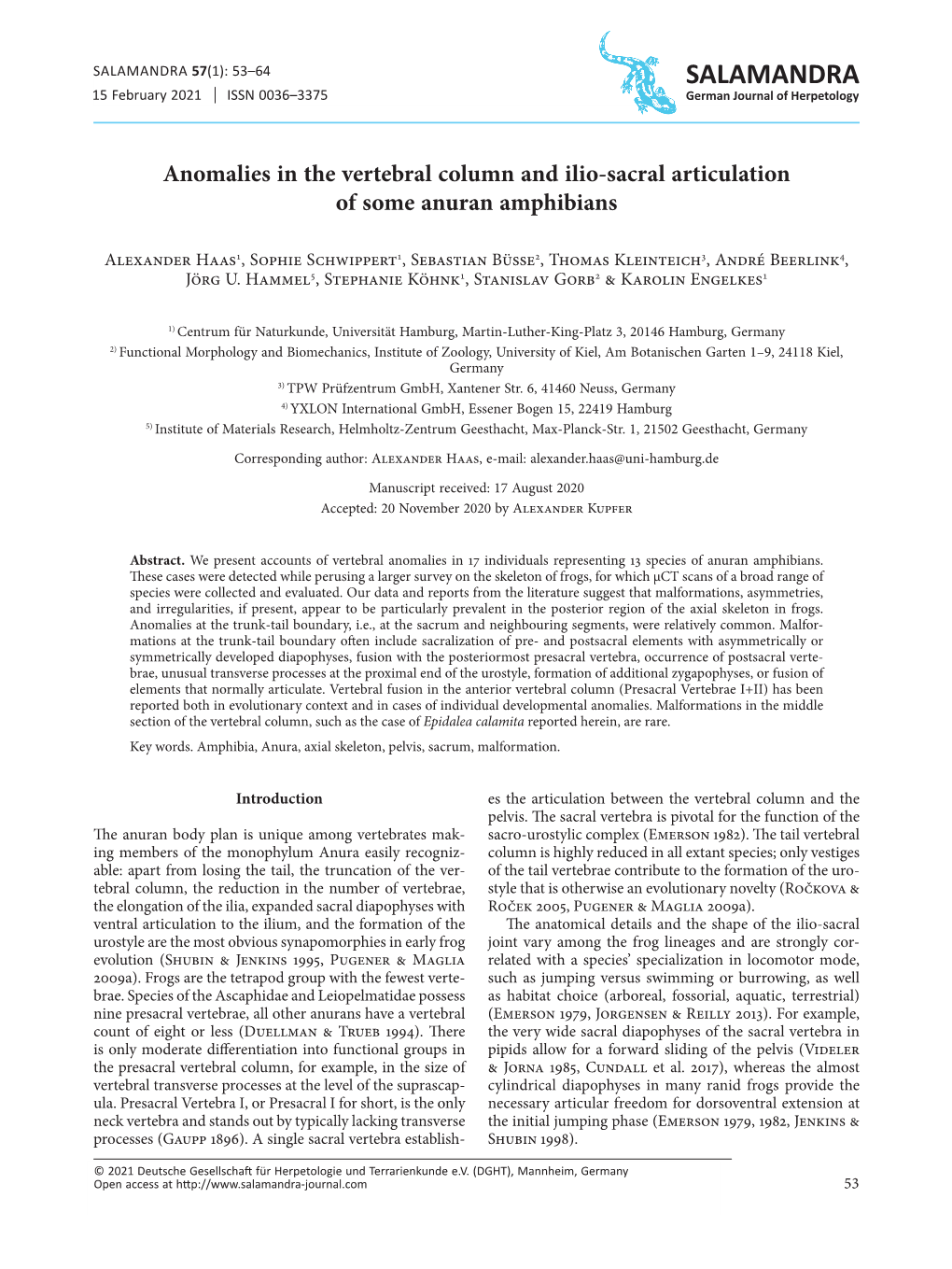 Anomalies in the Vertebral Column and Ilio-Sacral Articulation of Some Anuran Amphibians