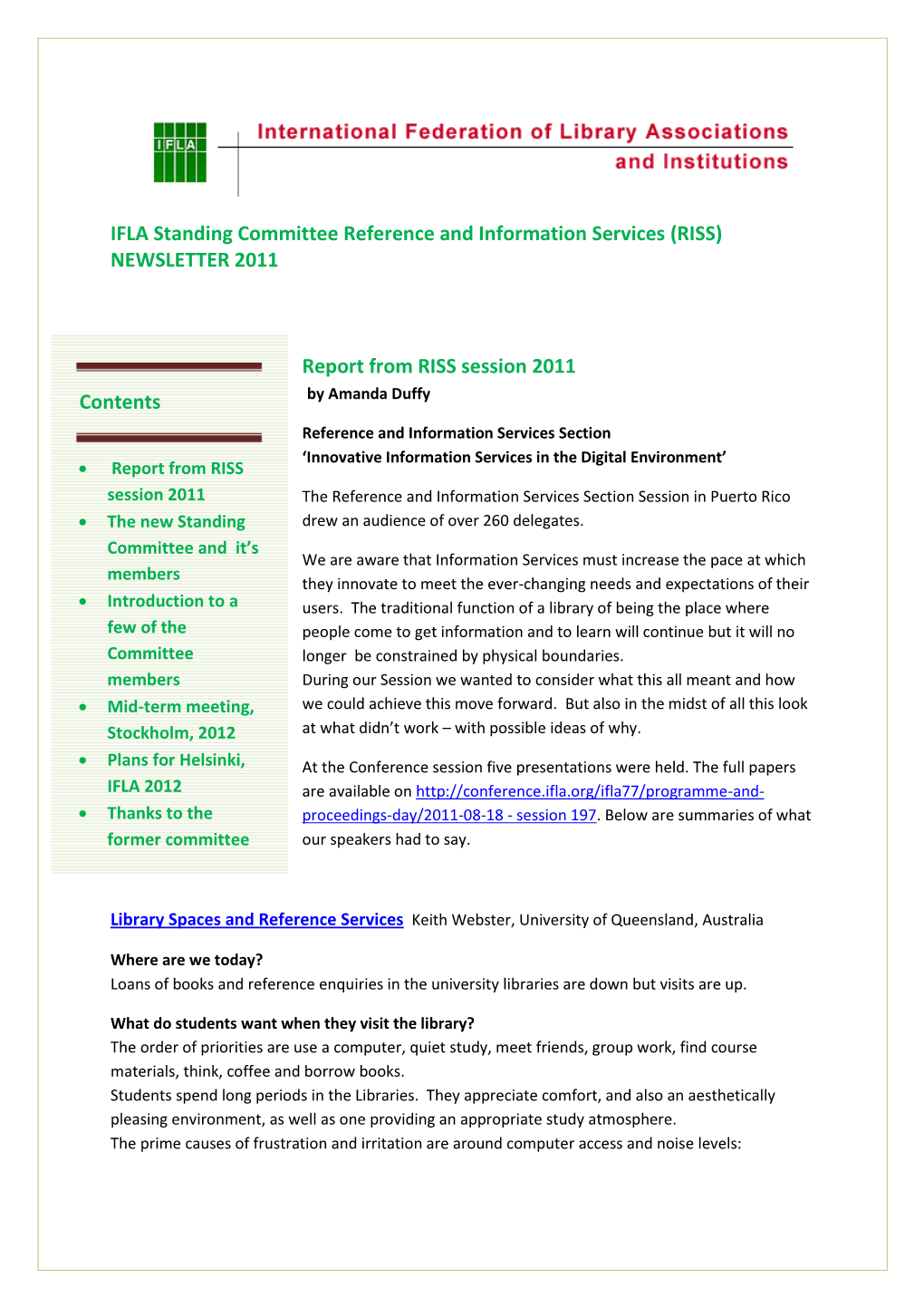 IFLA Standing Committee Reference and Information Services (RISS) NEWSLETTER 2011