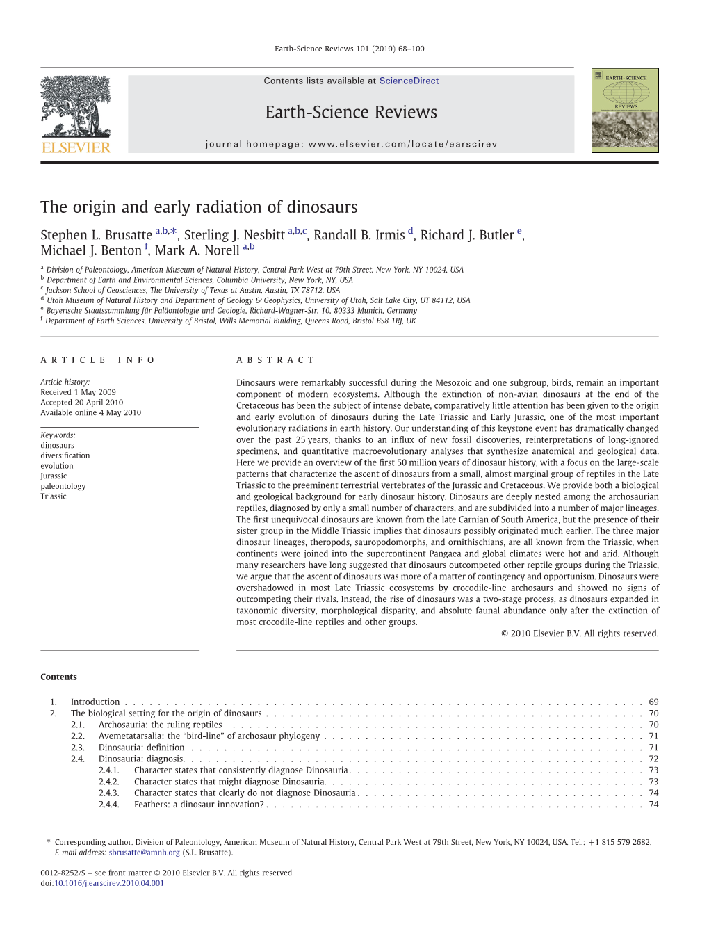 The Origin and Early Radiation of Dinosaurs