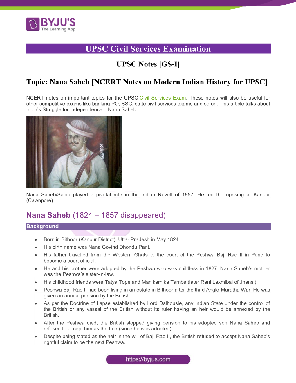 Nana Saheb [NCERT Notes on Modern Indian History for UPSC]