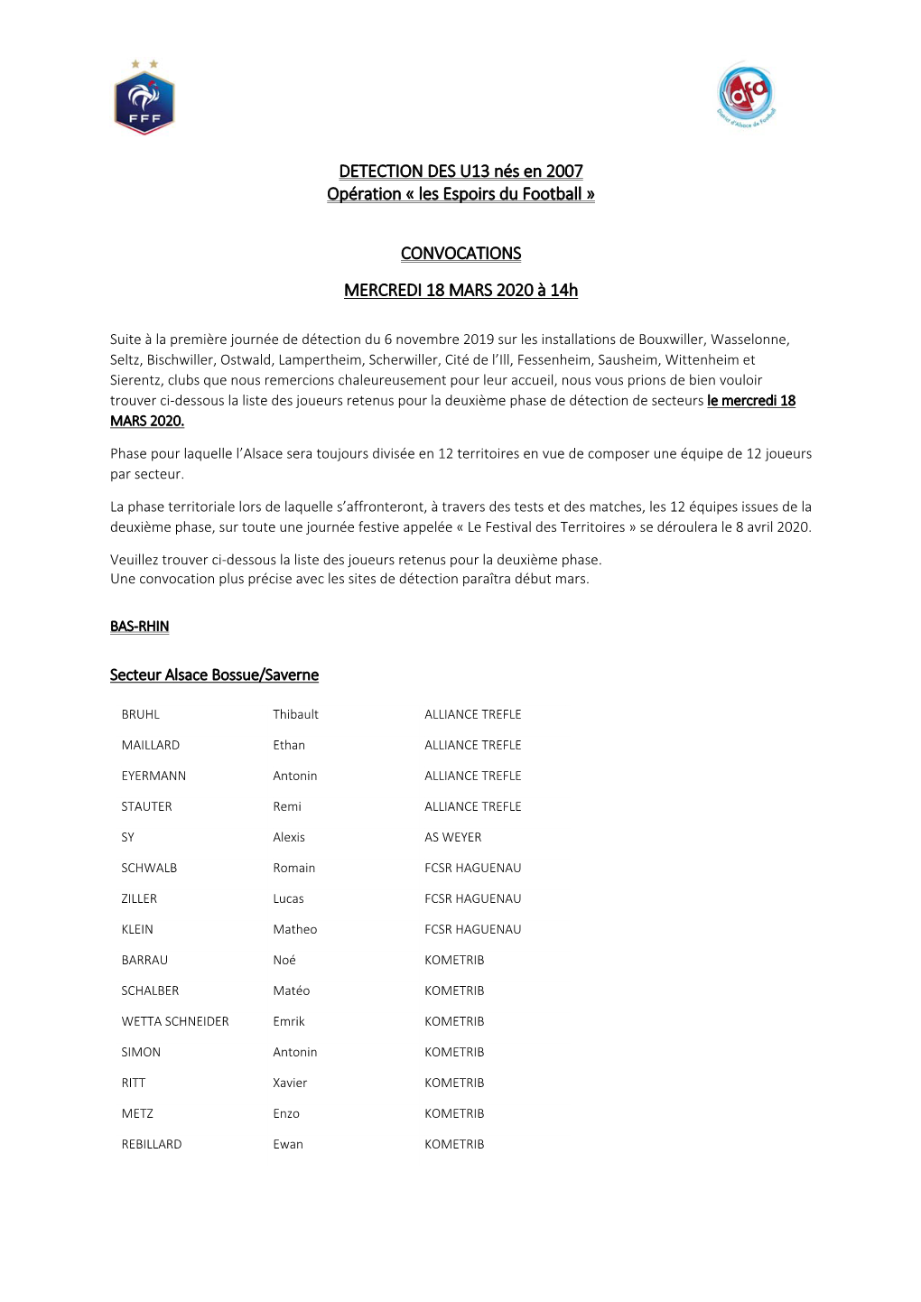 DETECTION DES U13 Nés En 2007 Opération « Les Espoirs Du Football »