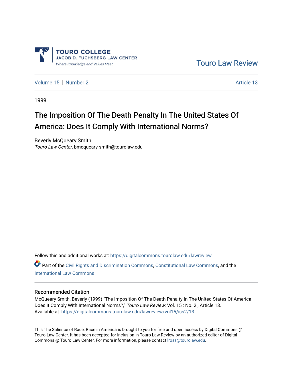 The Imposition of the Death Penalty in the United States of America: Does It Comply with International Norms?