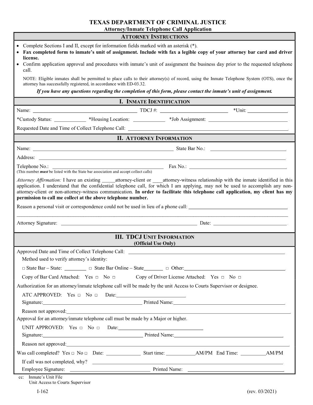 I-162 Form Attorney/Inmate Telephone Call Application