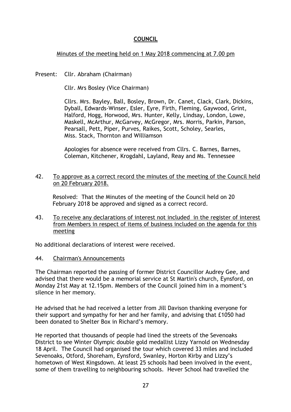 27 COUNCIL Minutes of the Meeting Held on 1 May 2018