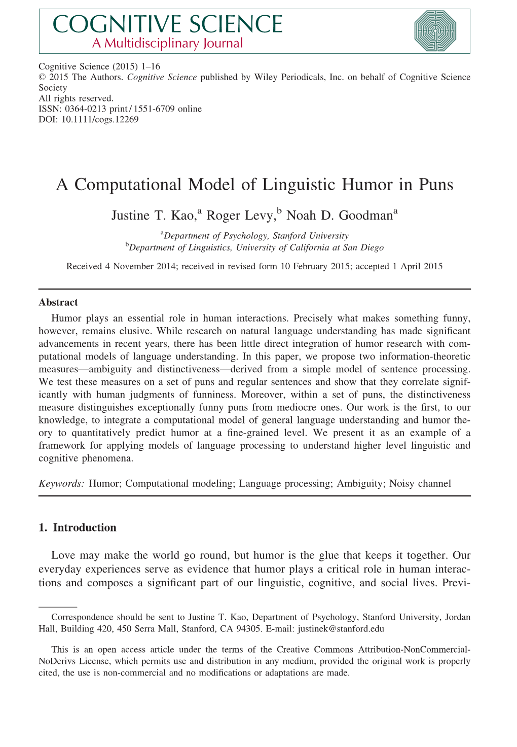 A Computational Model of Linguistic Humor in Puns