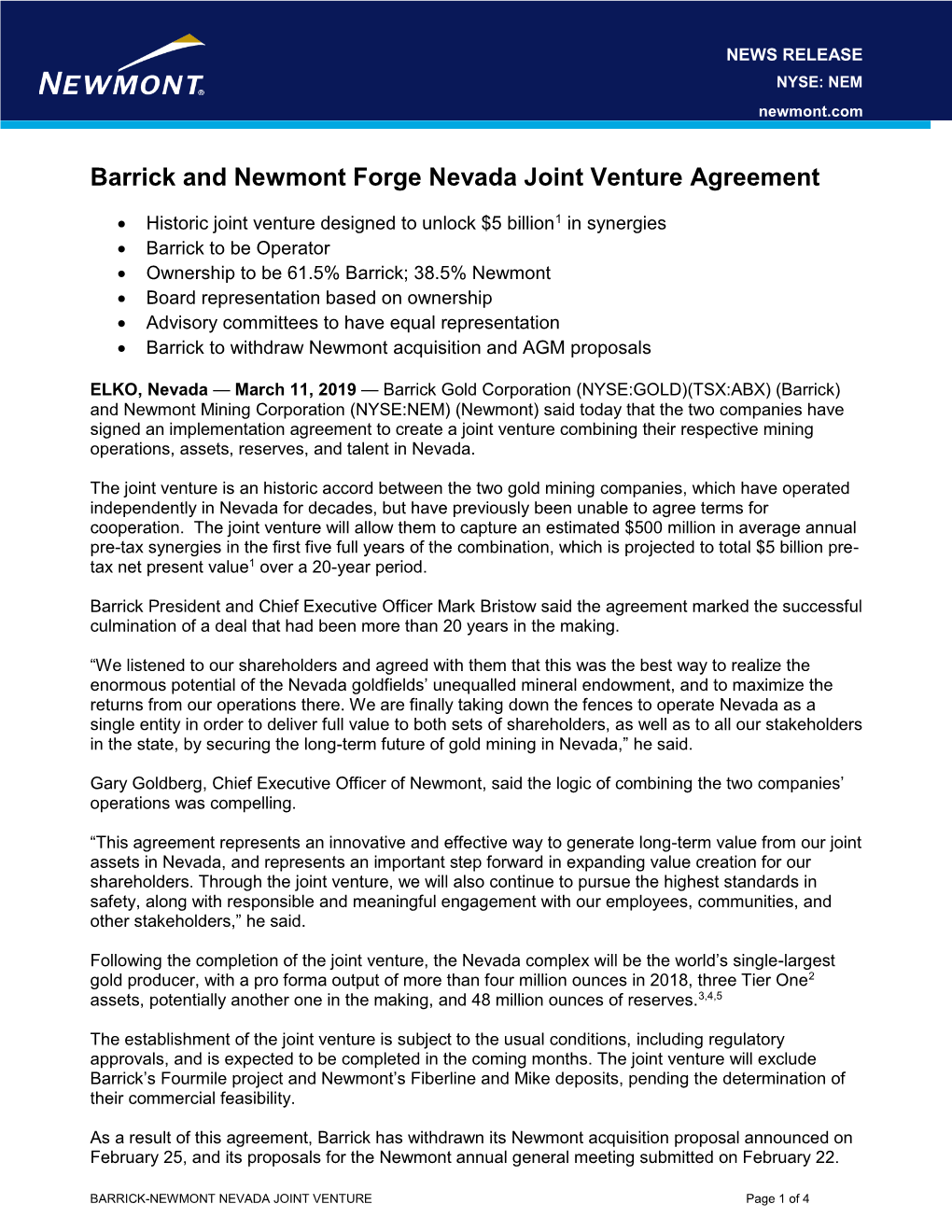 Barrick and Newmont Forge Nevada Joint Venture Agreement