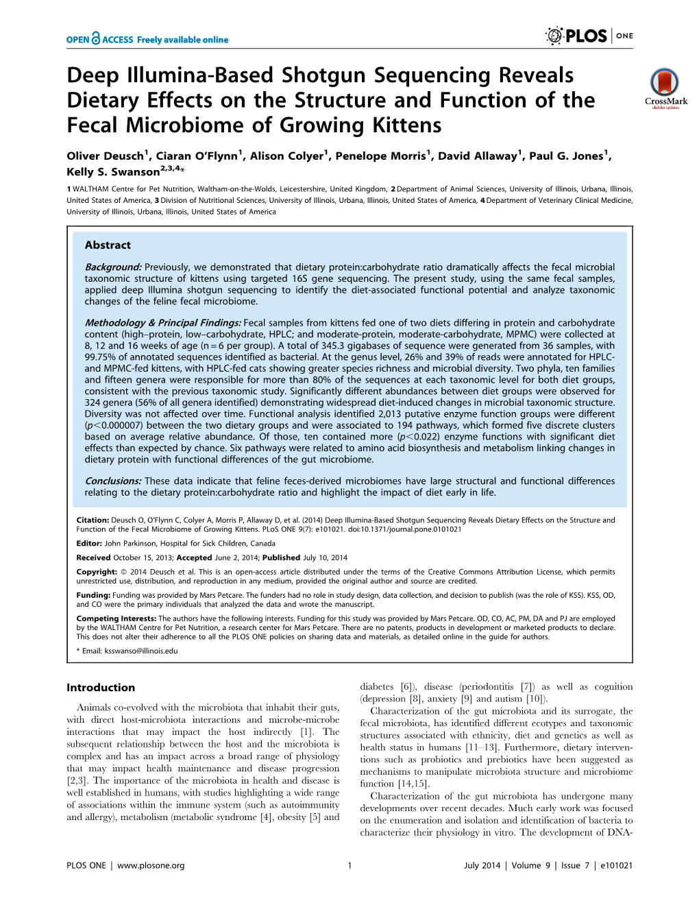 Deep Illumina-Based Shotgun Sequencing Reveals Dietary Effects on the Structure and Function of the Fecal Microbiome of Growing Kittens