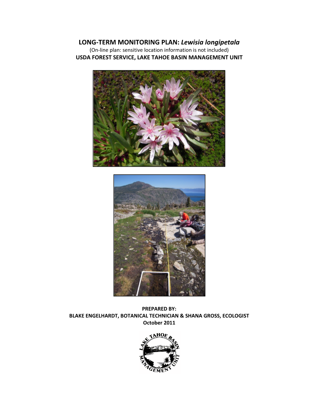 Lewisia Longipetala (On-Line Plan: Sensitive Location Information Is Not Included) USDA FOREST SERVICE, LAKE TAHOE BASIN MANAGEMENT UNIT