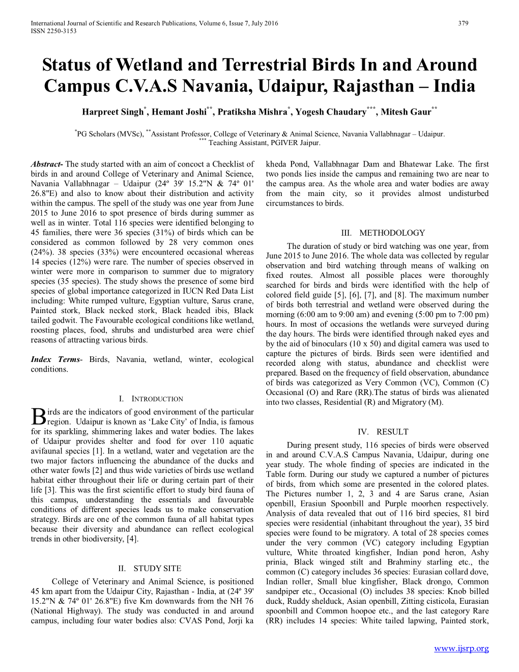 Status of Wetland and Terrestrial Birds in and Around Campus C.V.A.S Navania, Udaipur, Rajasthan – India