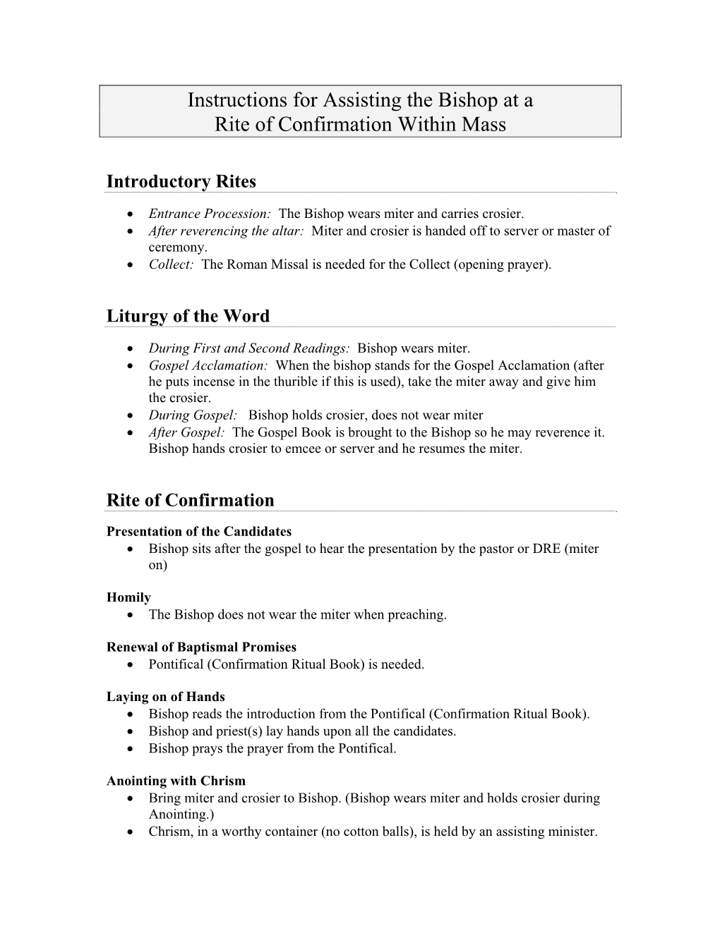 Instructions for Assisting the Bishop at a Rite of Confirmation Within Mass