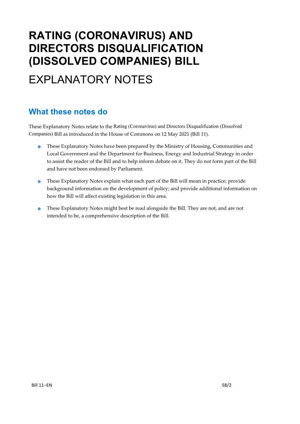 And Directors Disqualification (Dissolved Companies) Bill Explanatory Notes