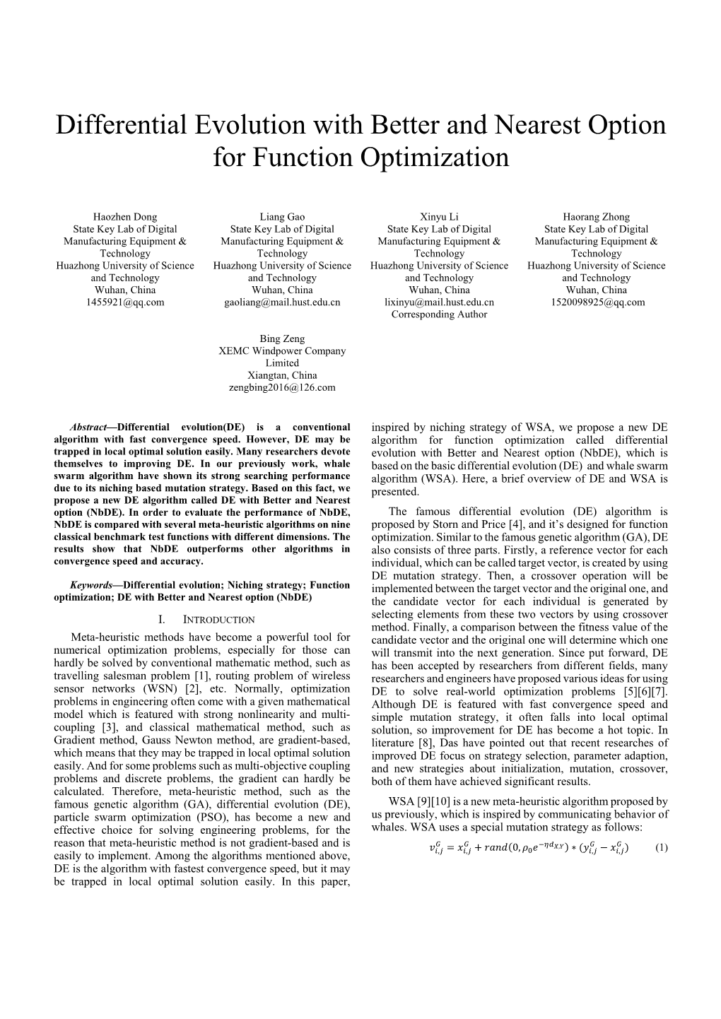 Differential Evolution with Better and Nearest Option for Function