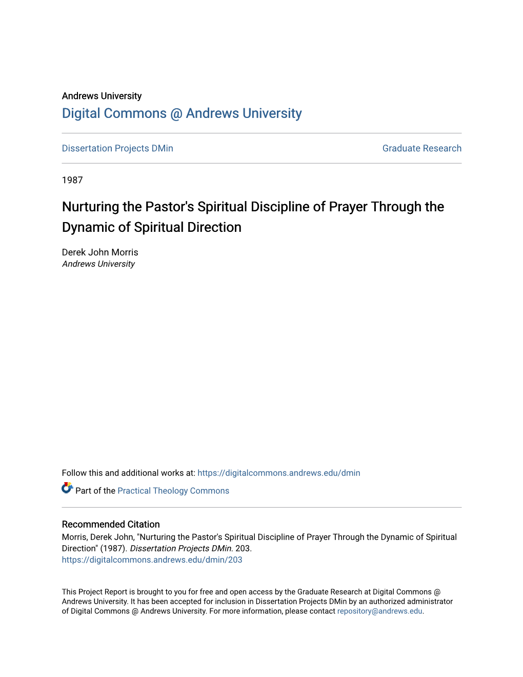 Nurturing the Pastor's Spiritual Discipline of Prayer Through the Dynamic of Spiritual Direction