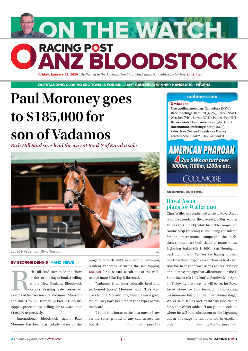Paul Moroney Goes to $185,000 for Son of Vadamos | 2 | Friday, January 31, 2020