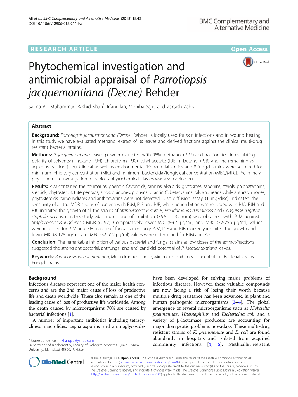 Phytochemical Investigation and Antimicrobial Appraisal Of
