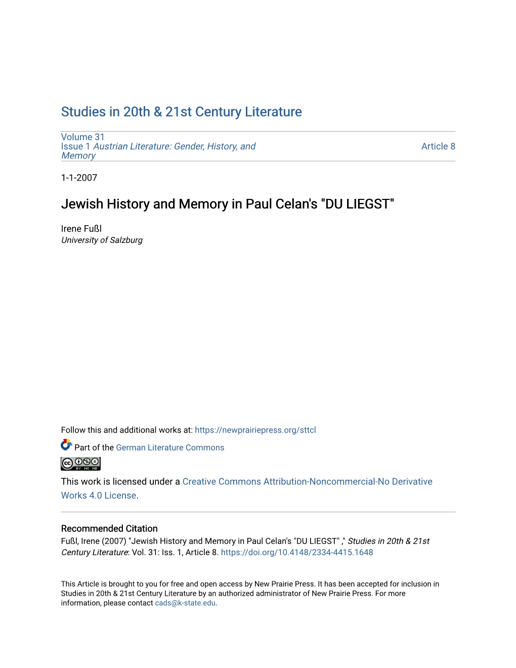 Jewish History and Memory in Paul Celan's 