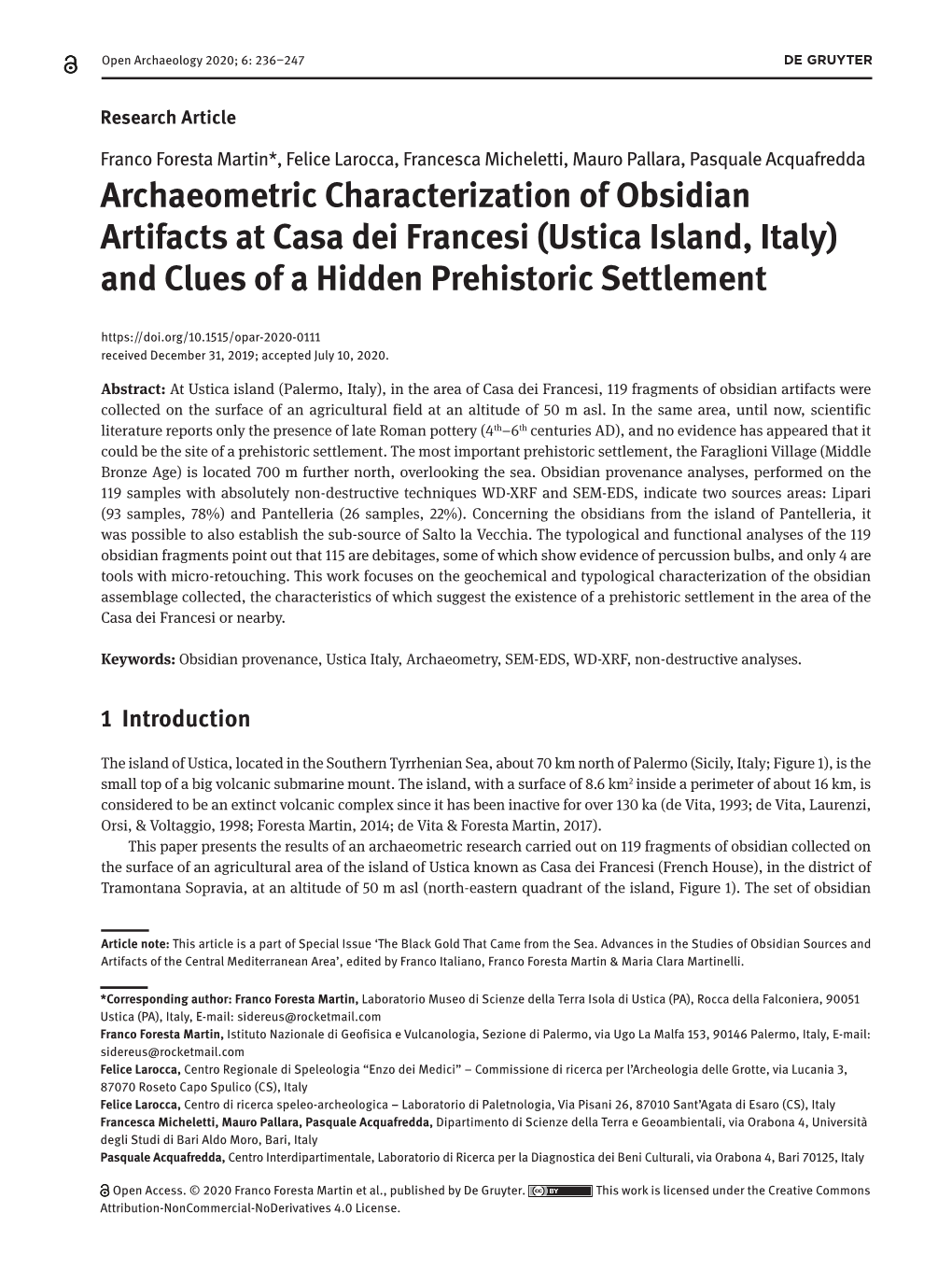 Archaeometric Characterization of Obsidian Artifacts at Casa Dei Francesi (Ustica Island, Italy) and Clues of a Hidden Prehistoric Settlement