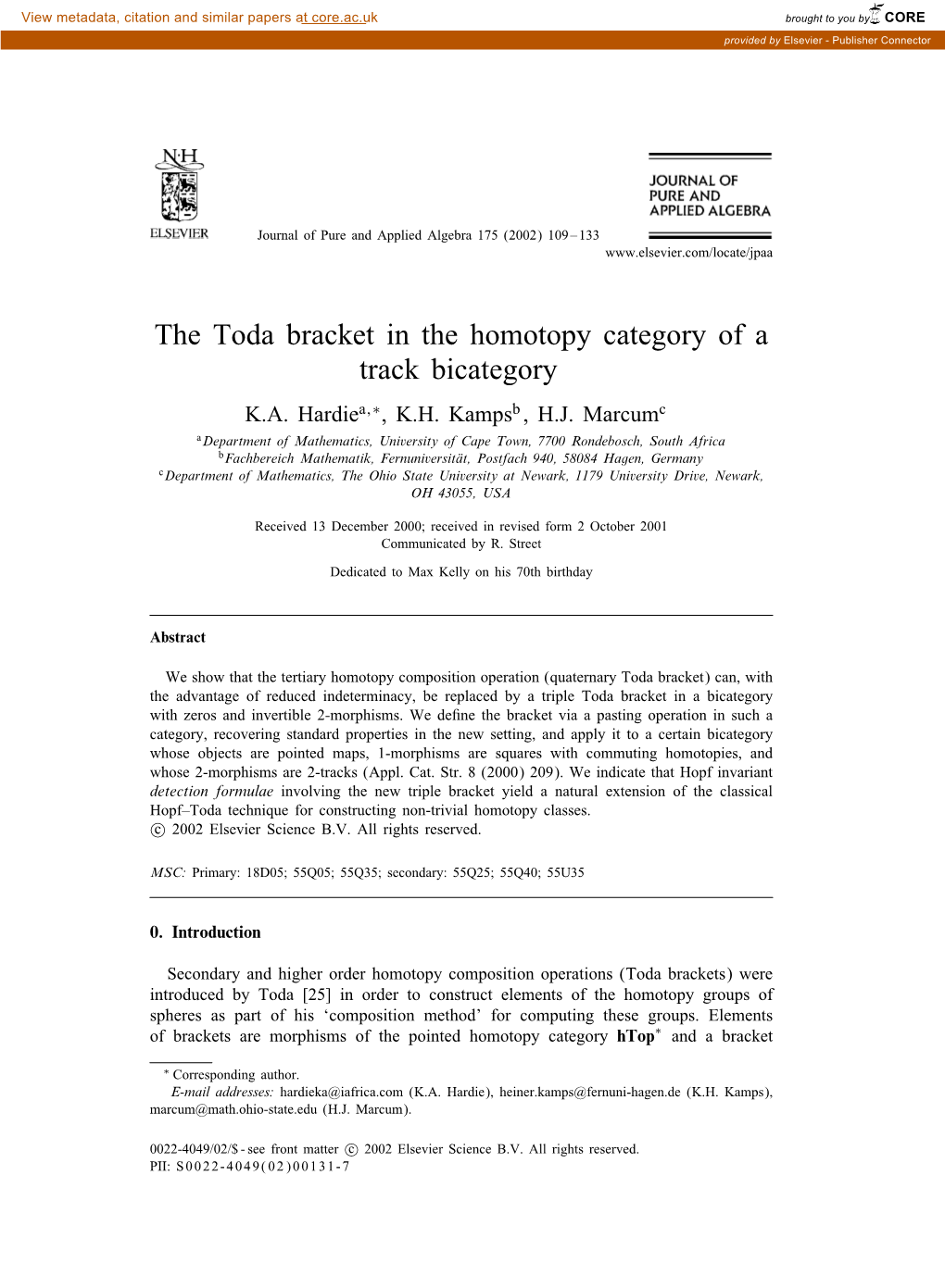 The Toda Bracket in the Homotopy Category of a Track Bicategory K.A