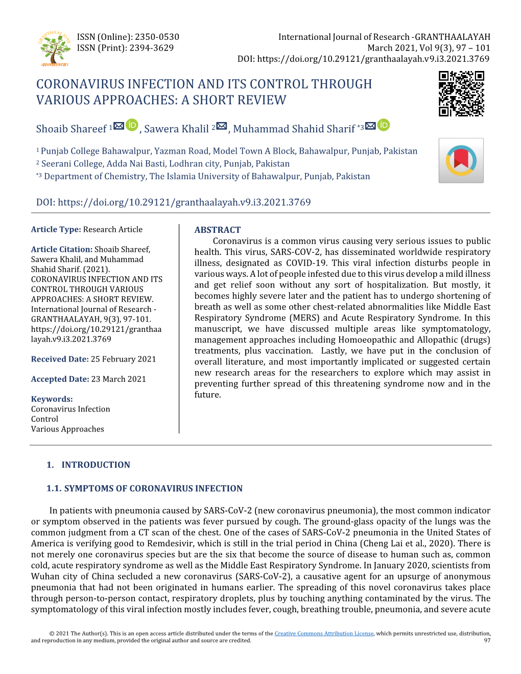 Coronavirus Infection and Its Control Through Various Approaches: a Short Review