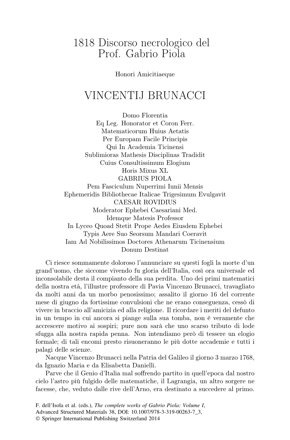 1818 Discorso Necrologico Del VINCENTIJ BRUNACCI Prof