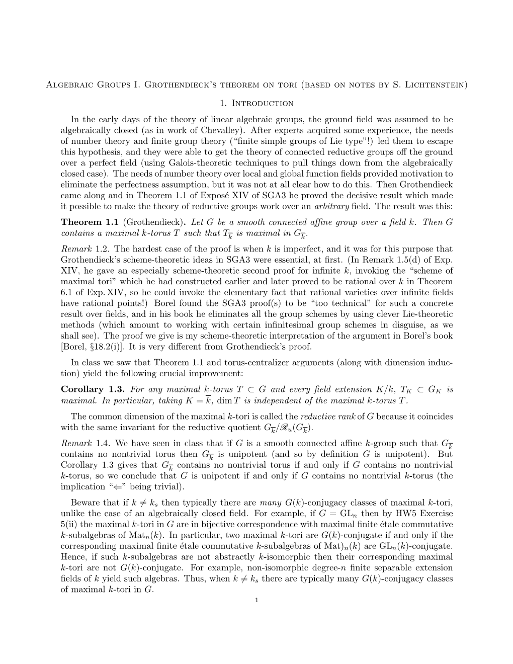 Algebraic Groups I. Grothendieck's Theorem on Tori (Based on Notes By