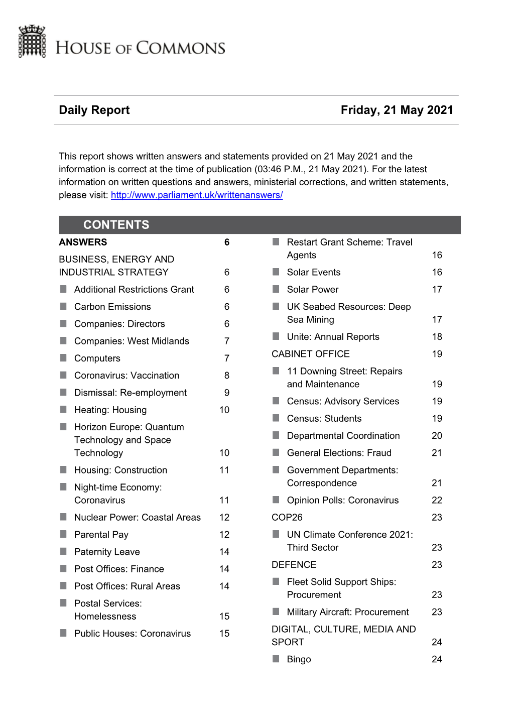 Daily Report Friday, 21 May 2021 CONTENTS