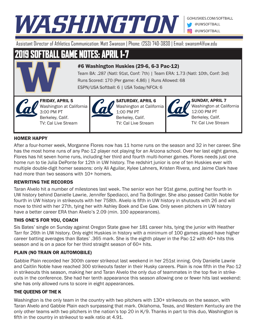 2019 Softball Game Notes: April