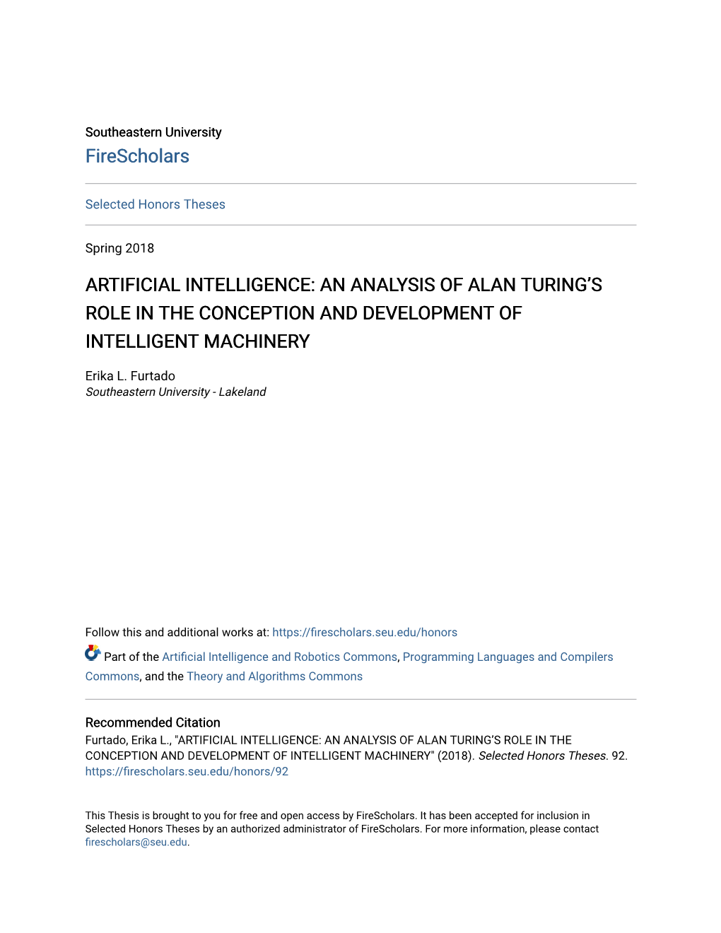 Artificial Intelligence: an Analysis of Alan Turing’S Role in the Conception and Development of Intelligent Machinery