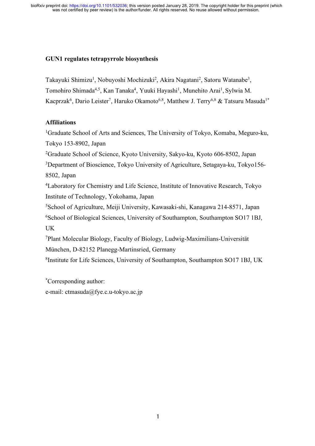 GUN1 Regulates Tetrapyrrole Biosynthesis