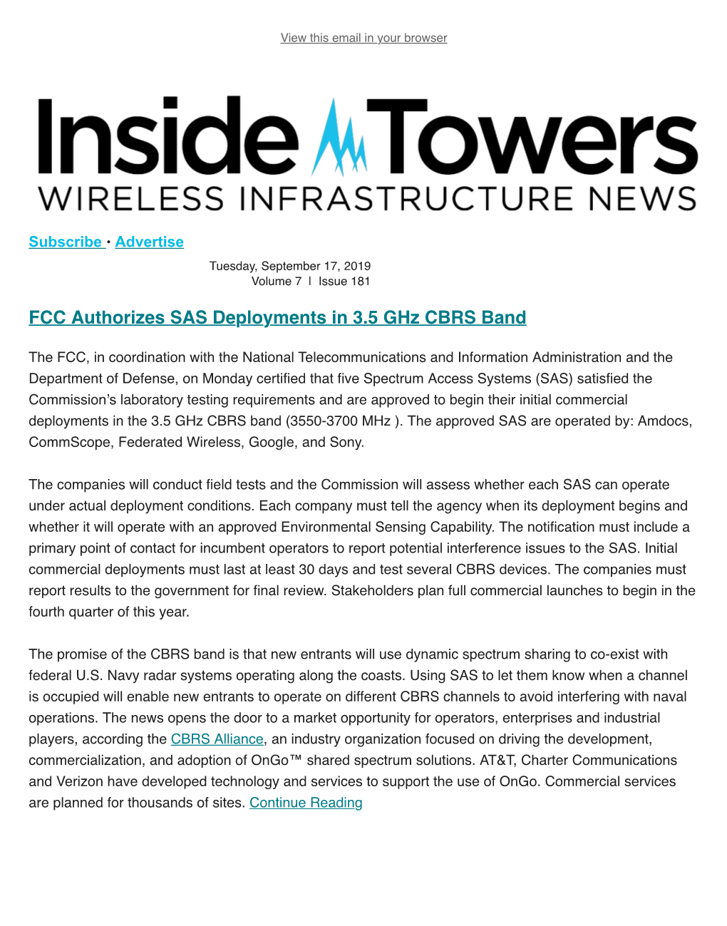 FCC Authorizes SAS Deployments in 3.5 Ghz CBRS Band