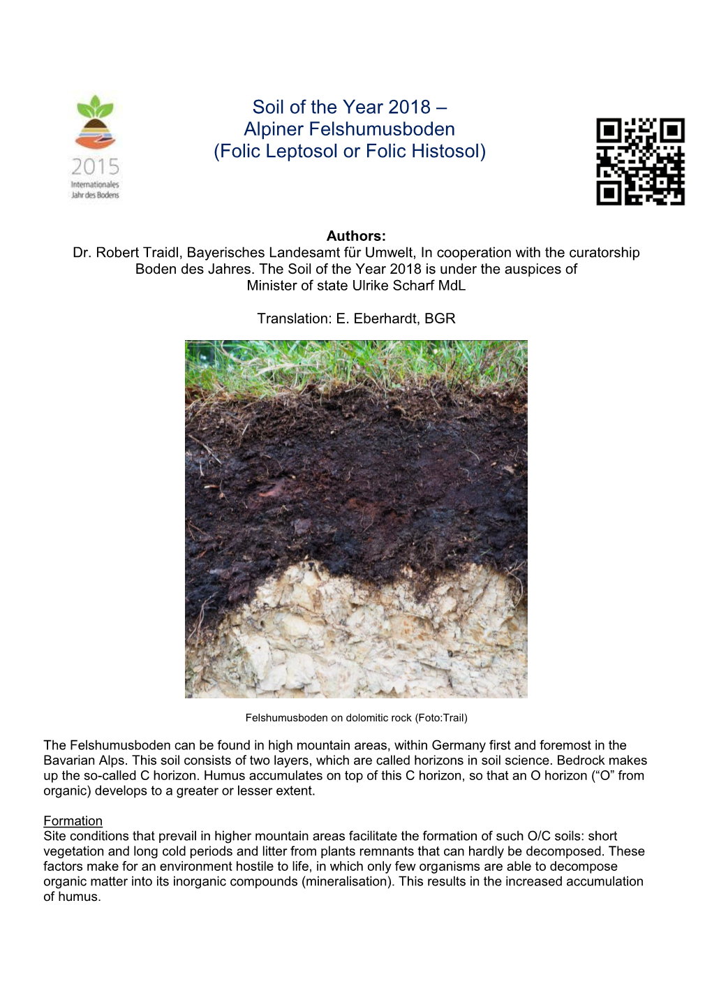 Soil of the Year 2018 – Alpiner Felshumusboden (Folic Leptosol Or Folic Histosol)