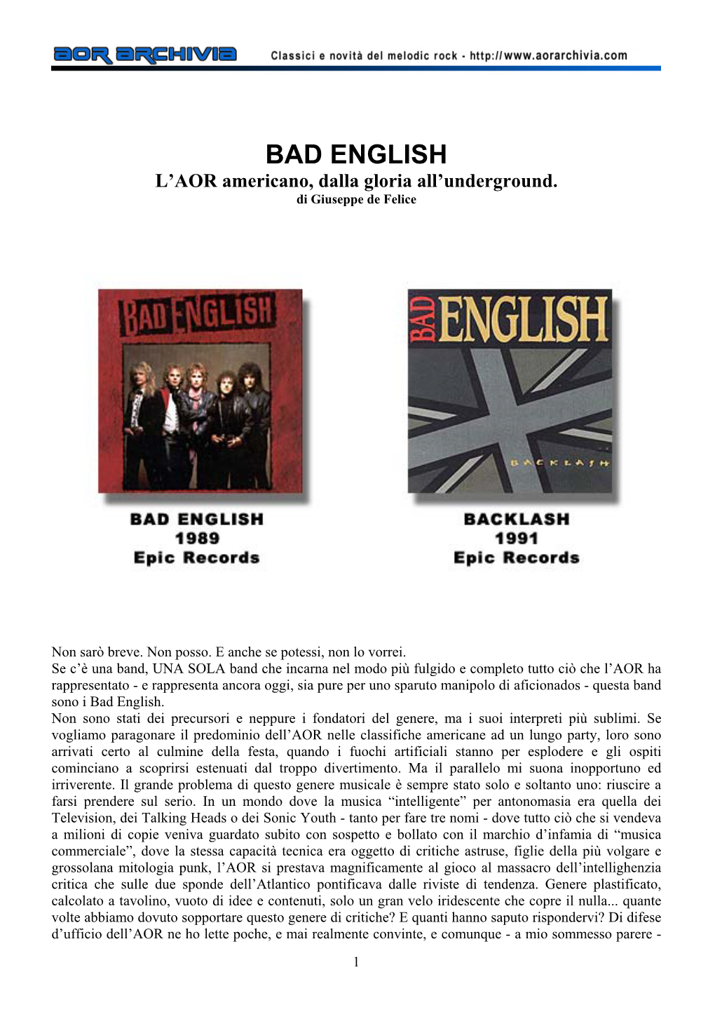 BAD ENGLISH L’AOR Americano, Dalla Gloria All’Underground