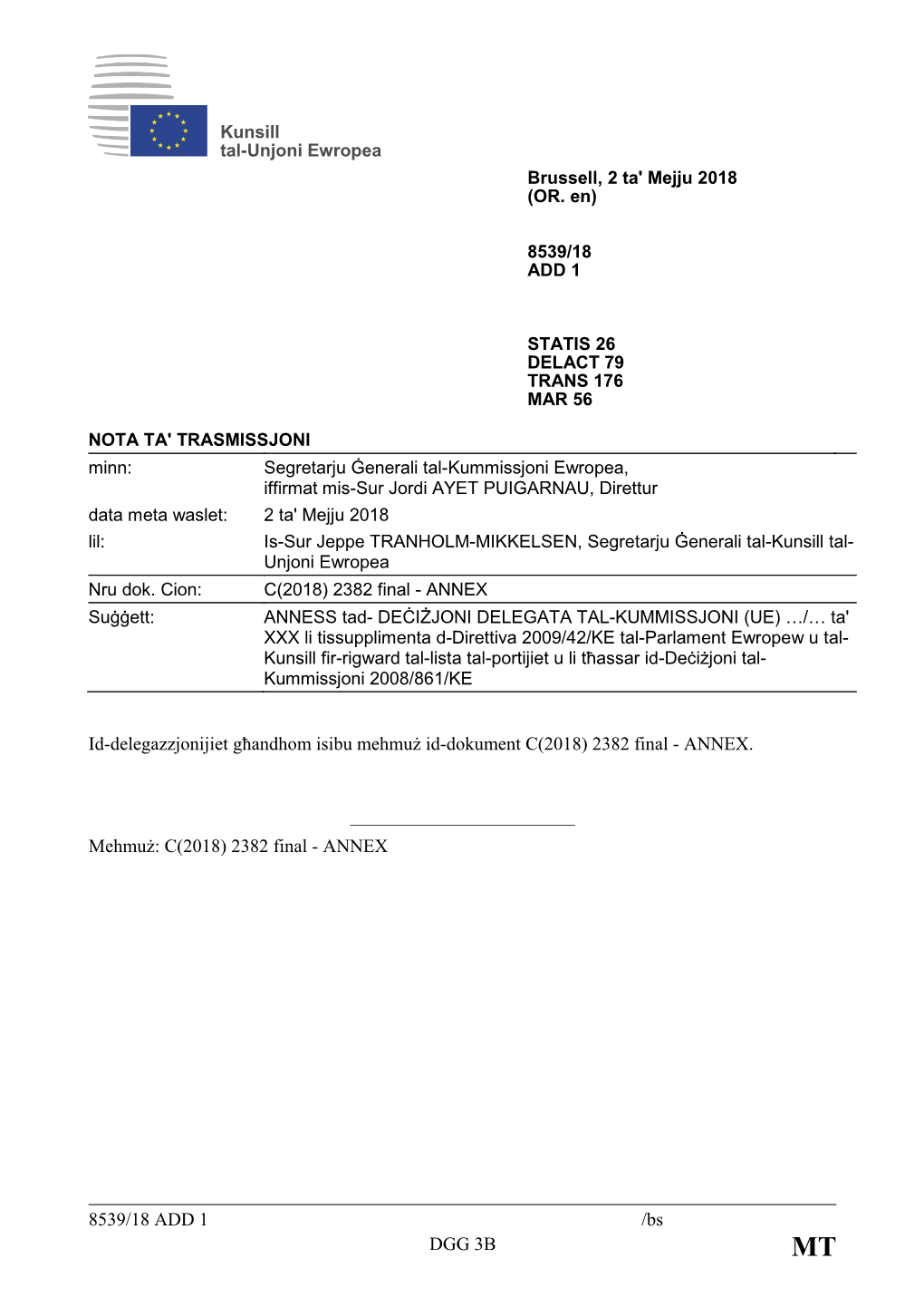 Page 1 Kunsill Tal-Unjoni Ewropea Brussell, 2 Ta' Mejju 2018 (OR. En) 8539/18 ADD 1 STATIS 26 DELACT 79 TRANS 176 MAR 56 NOTA TA' TRASMISSJONI Minn: Segretarju Ġenerali Tal