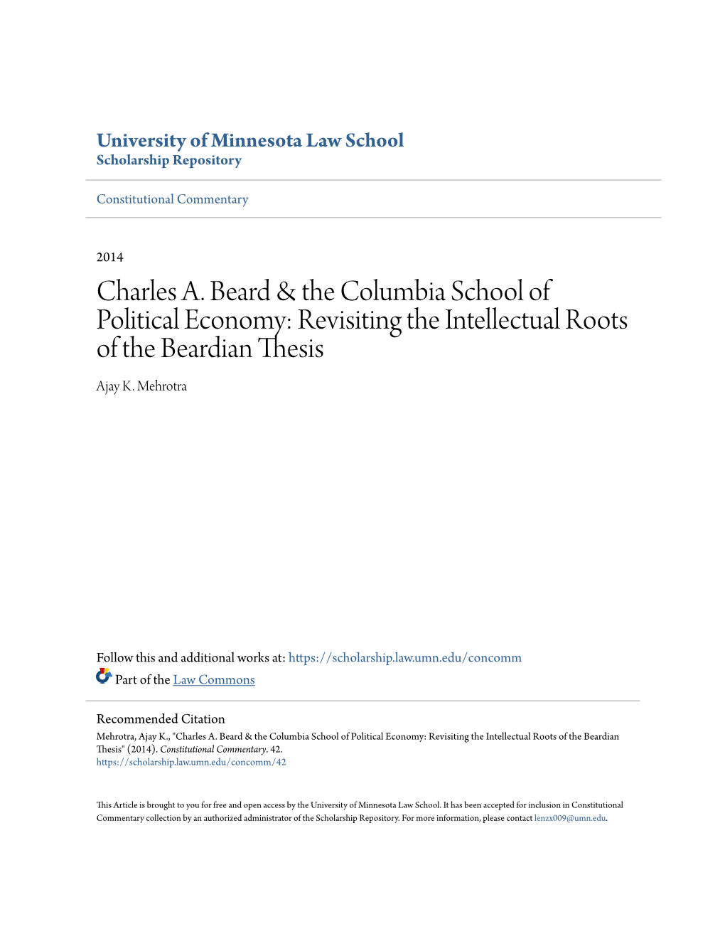 Charles A. Beard & the Columbia School of Political Economy: Revisiting the Intellectual Roots of the Beardian Thesis