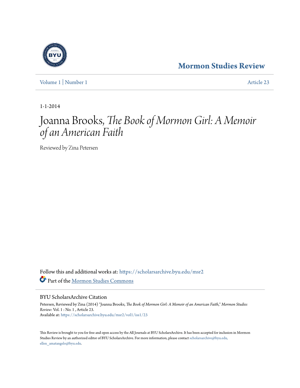 Joanna Brooks, the Book of Mormon Girl: a Memoir of an American Faith Reviewed by Zina Petersen