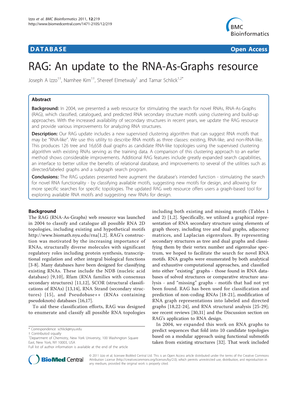 An Update to the RNA-As-Graphs Resource Joseph a Izzo1†, Namhee Kim1†, Shereef Elmetwaly1 and Tamar Schlick1,2*