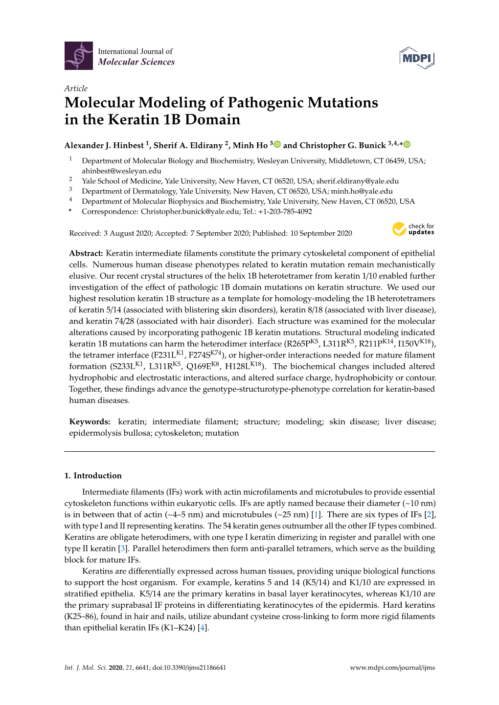 Molecular Modeling of Pathogenic Mutations in the Keratin 1B Domain