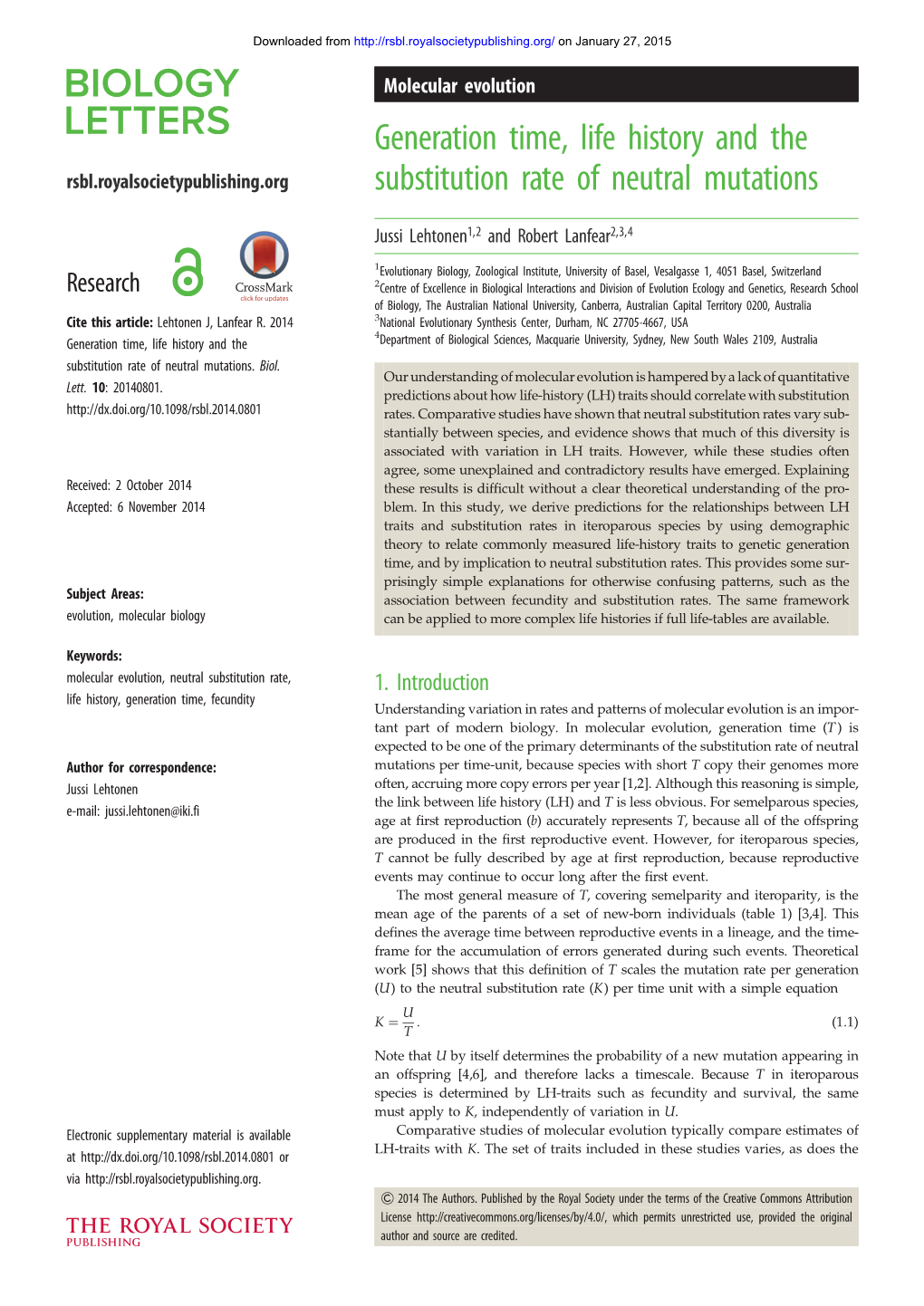 Generation Time, Life History and the Substitution Rate of Neutral Mutations