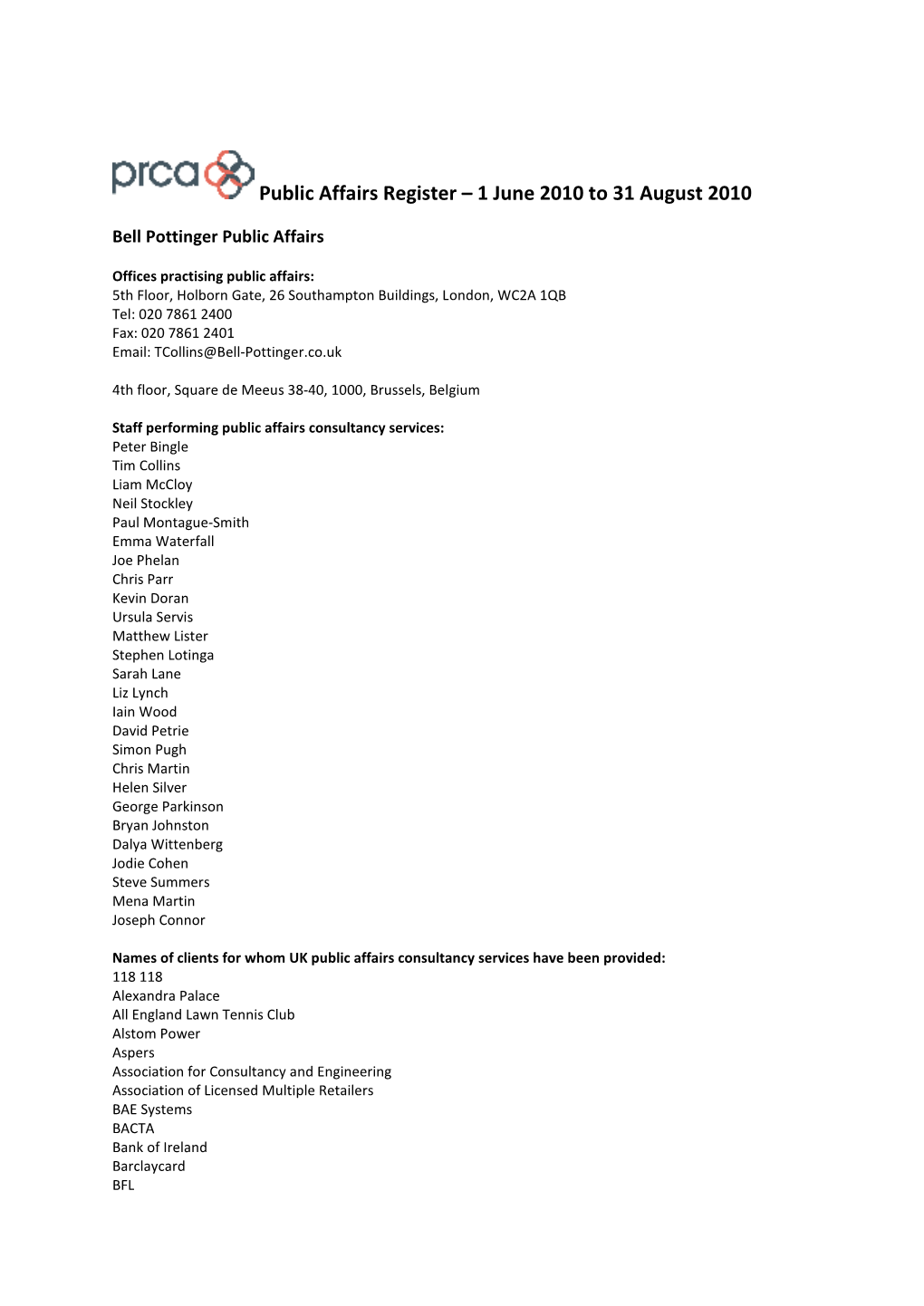Public Affairs Register – 1 June 2010 to 31 August 2010