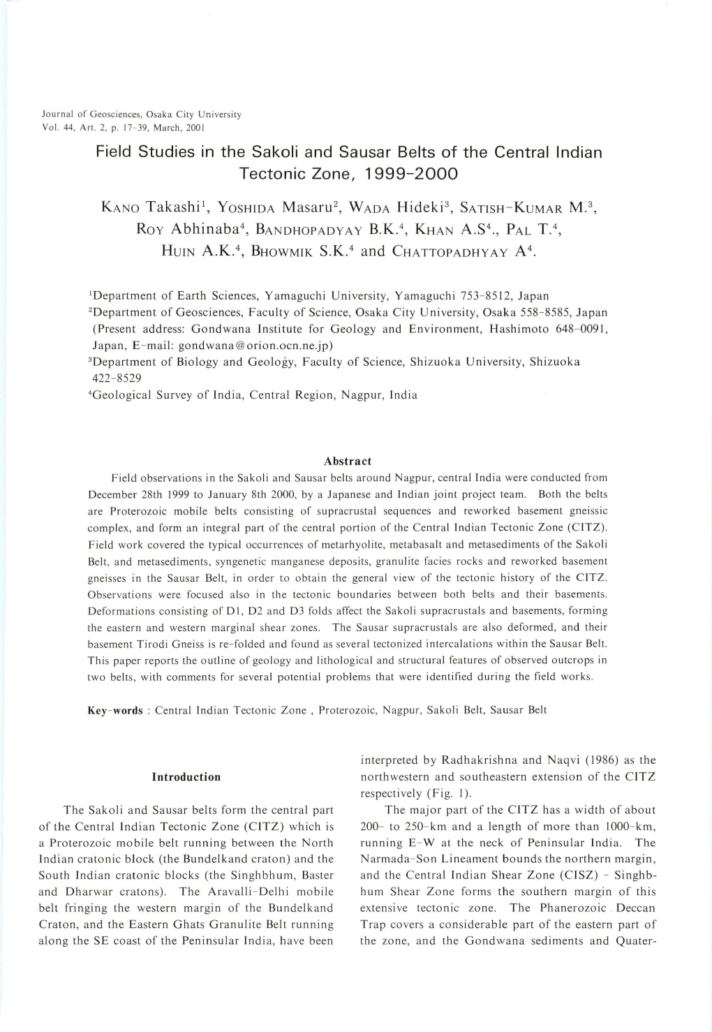 Field Studies in the Sakoli and Sausar Belts of the Central Indian Tectonic Zone, 1999-2000