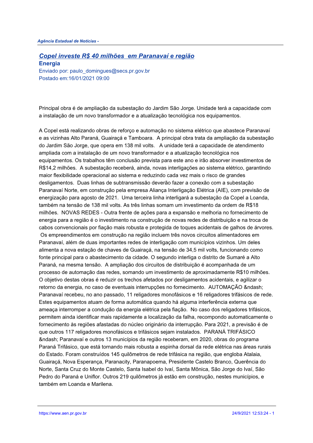 Copel Investe R$ 40 Milhões Em Paranavaí E Região Energia Enviado Por: Paulo Domingues@Secs.Pr.Gov.Br Postado Em:16/01/2021 09:00