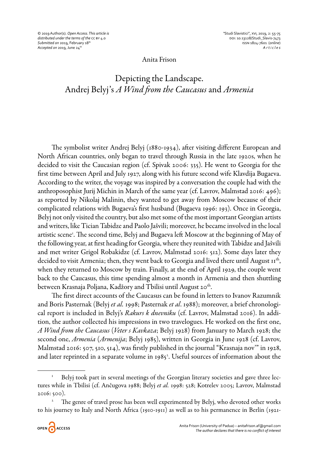 Depicting the Landscape. Andrej Belyj's a Wind from the Caucasus and Armenia