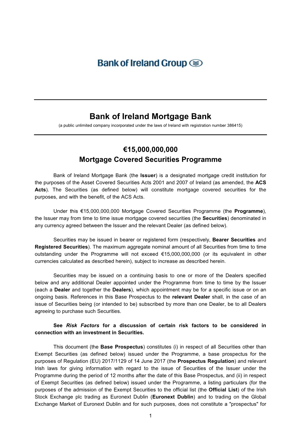 Bank of Ireland Mortgage Bank (A Public Unlimited Company Incorporated Under the Laws of Ireland with Registration Number 386415)