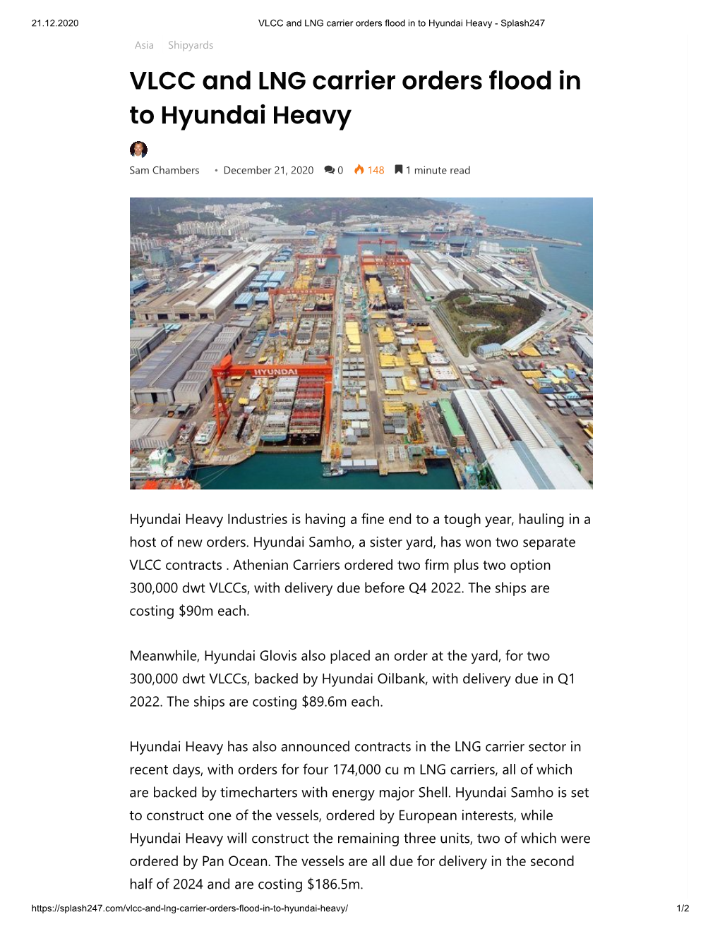 VLCC and LNG Carrier Orders Flood in to Hyundai Heavy - Splash247