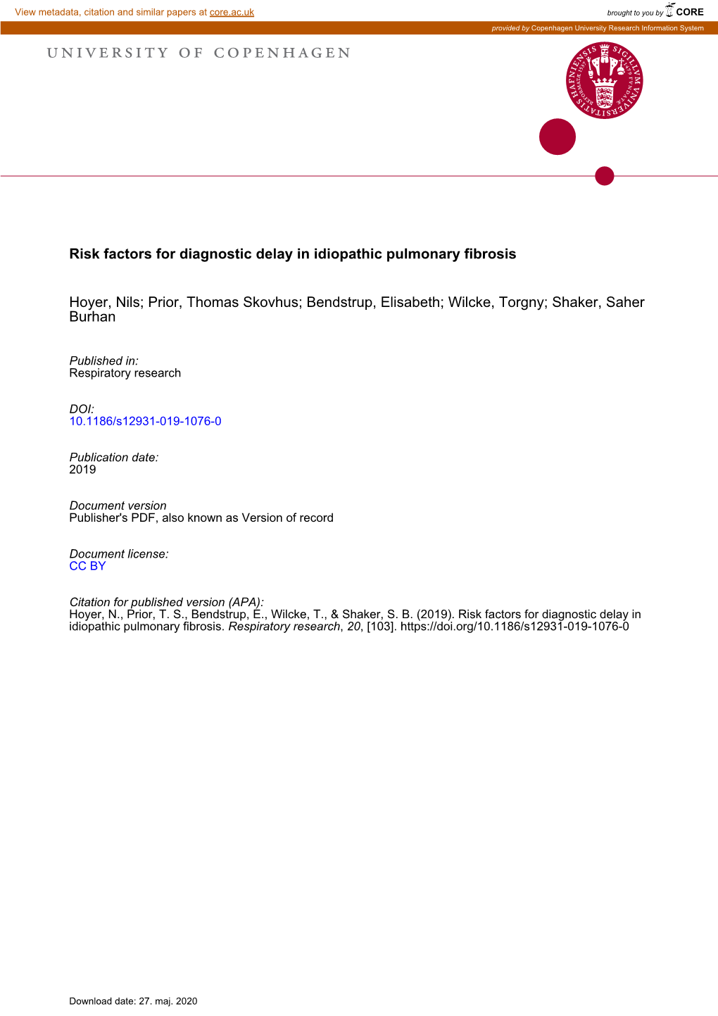 Risk Factors for Diagnostic Delay in Idiopathic Pulmonary Fibrosis