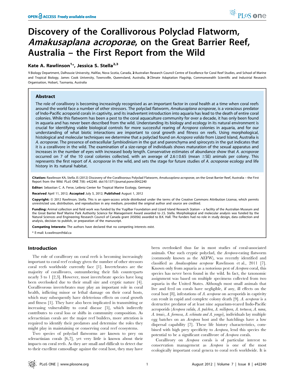 Amakusaplana Acroporae, on the Great Barrier Reef, Australia – the First Report from the Wild