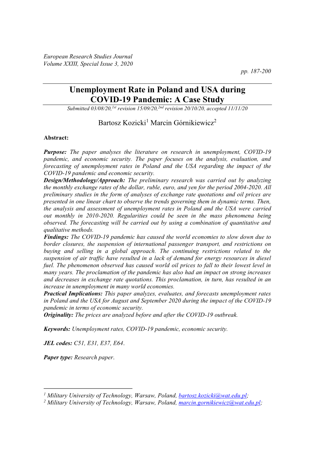 Unemployment Rate in Poland and USA During COVID-19 Pandemic: a Case Study Submitted 03/08/20,1St Revision 15/09/20,2Nd Revision 20/10/20, Accepted 11/11/20