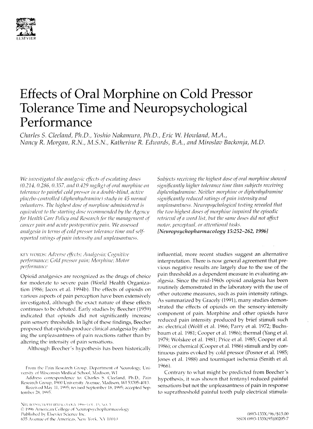 Effects of Oral Morphine on Cold Pressor Tolerance Time and Neuropsychological Performance Charles S