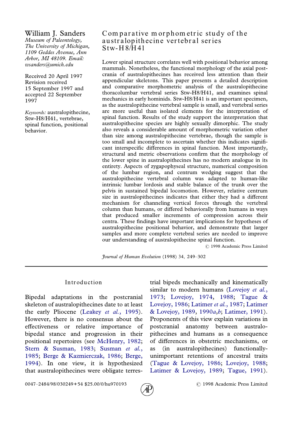 Comparative Morphometric Study of the Australopithecine Vertebral