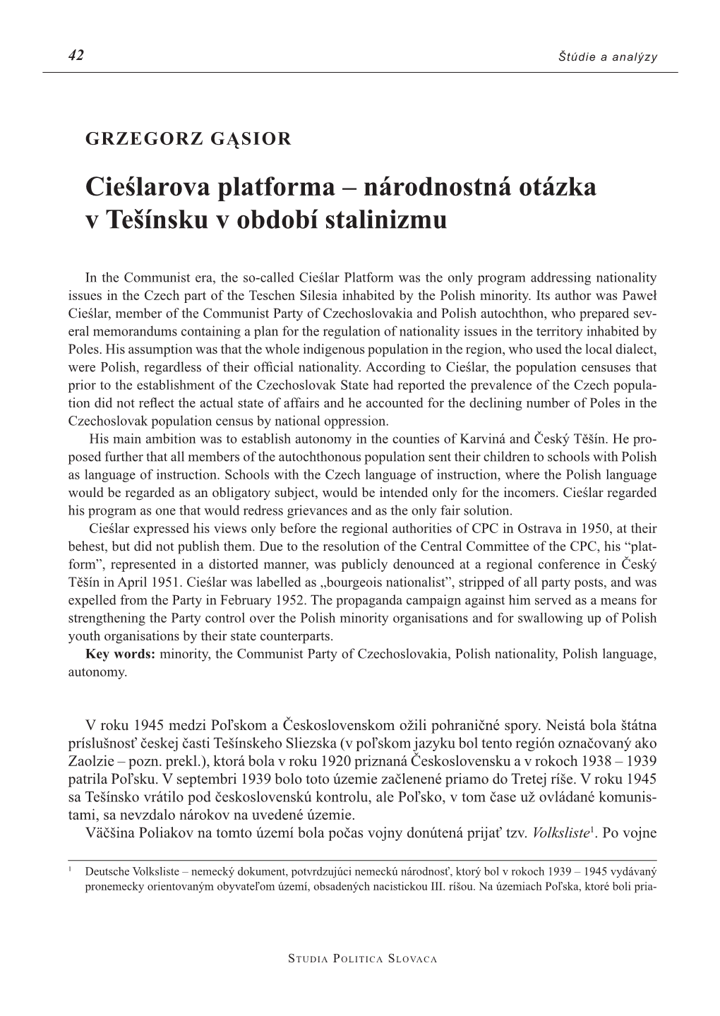 Cieślarova Platforma – Národnostná Otázka V Tešínsku V Období Stalinizmu